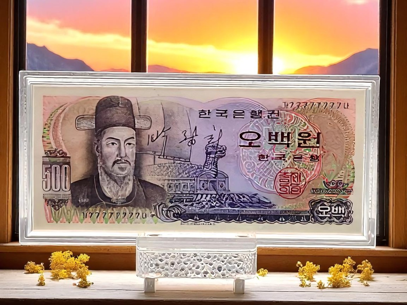 "이순신 오백원" 컬러 은지폐, 순은 99.99% 액자 블리온 실버 30g